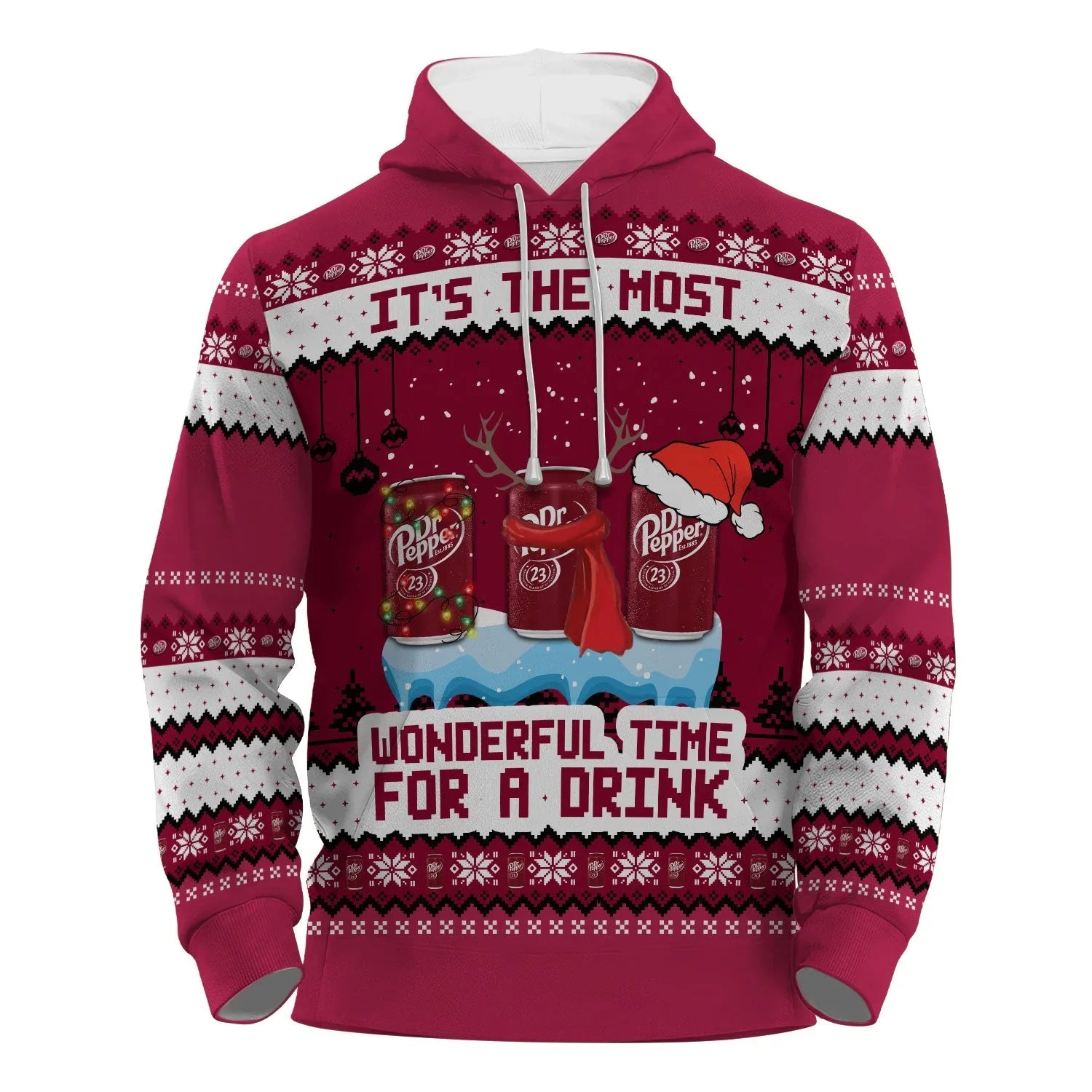 Red holiday zip hoodie with Dr Pepper cans, Christmas decorations, and text celebrating drink time