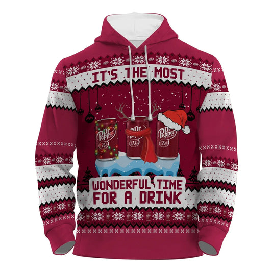 Red holiday zip hoodie with Dr Pepper cans, Christmas decorations, and text celebrating drink time