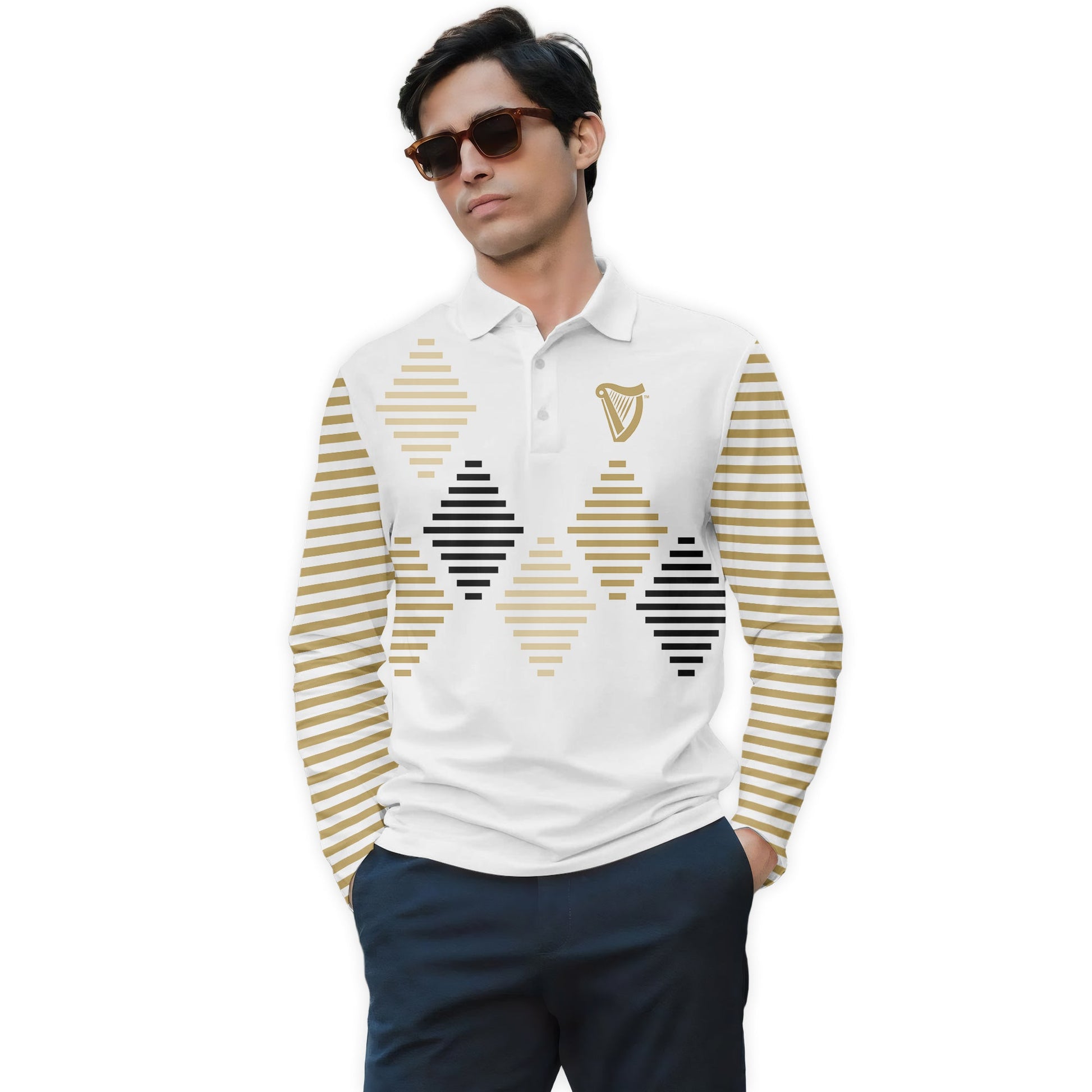  Guinness Diamond Stripe Golf Long Sleeve Polo Shirt