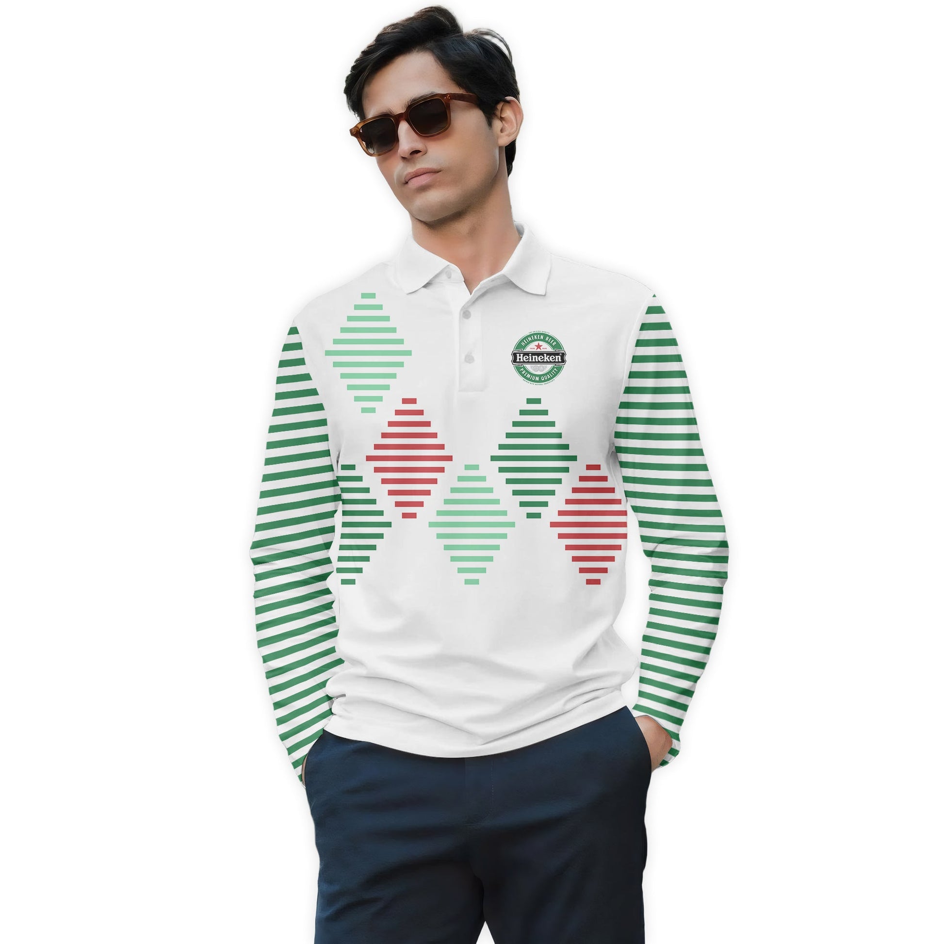 Heineken Diamond Stripe Golf Long Sleeve Polo Shirt