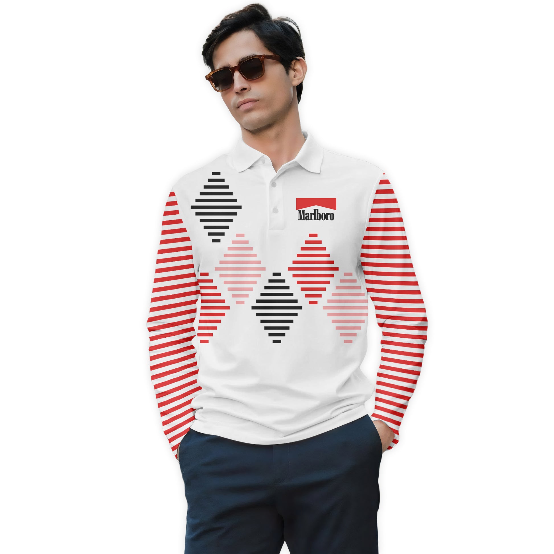 Marlboro Diamond Stripe Golf Long Sleeve Polo Shirt