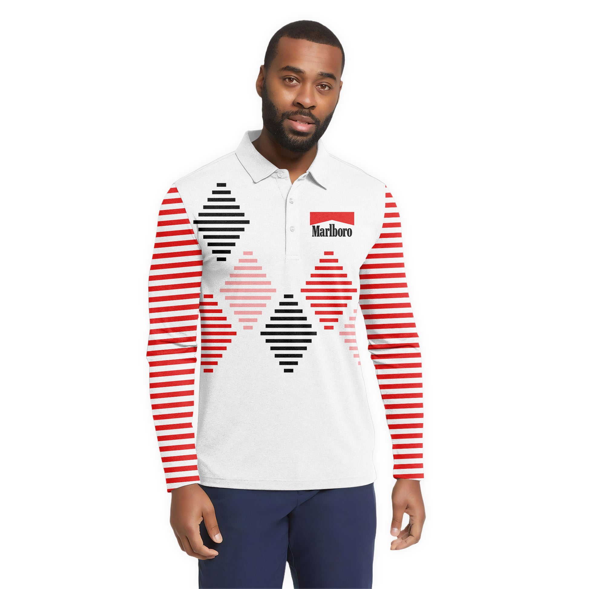 Marlboro Diamond Stripe Golf Long Sleeve Polo Shirt