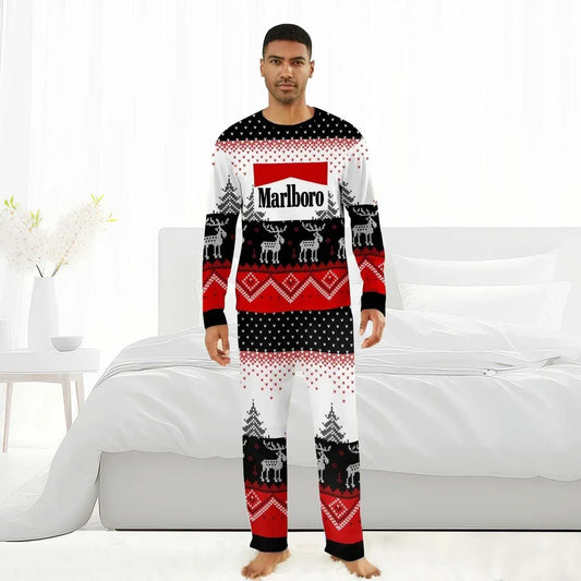 Man wearing Marlboro-themed reindeer family winter pajamas in red, black, and white in a bright bedroom