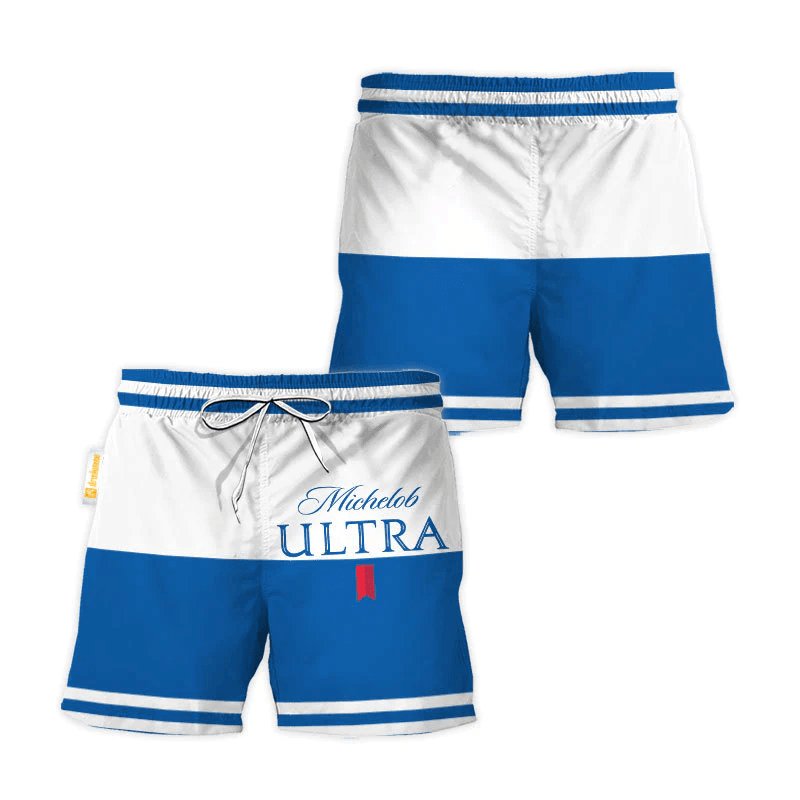 Michelob Ultra Blue And White Basic Swim Trunks - VinoVogue.com