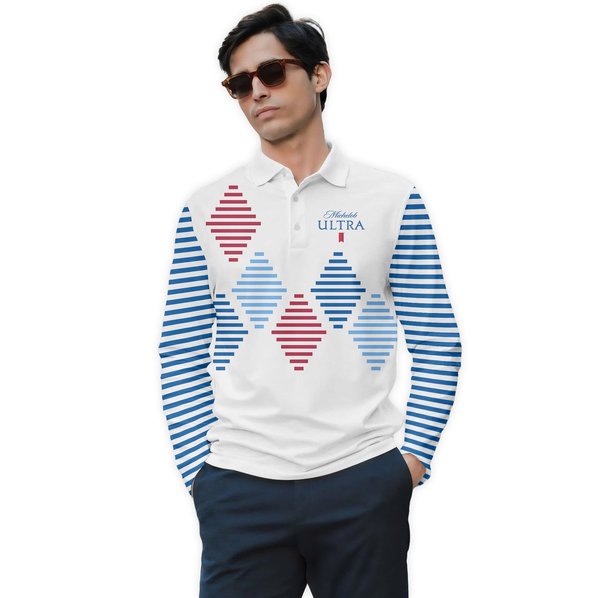  Michelob Ultra Diamond Stripe Golf Long Sleeve Polo Shirt