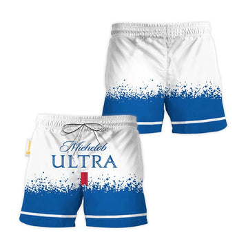 Michelob Ultra White Blue Basic Swim Trunks - VinoVogue.com