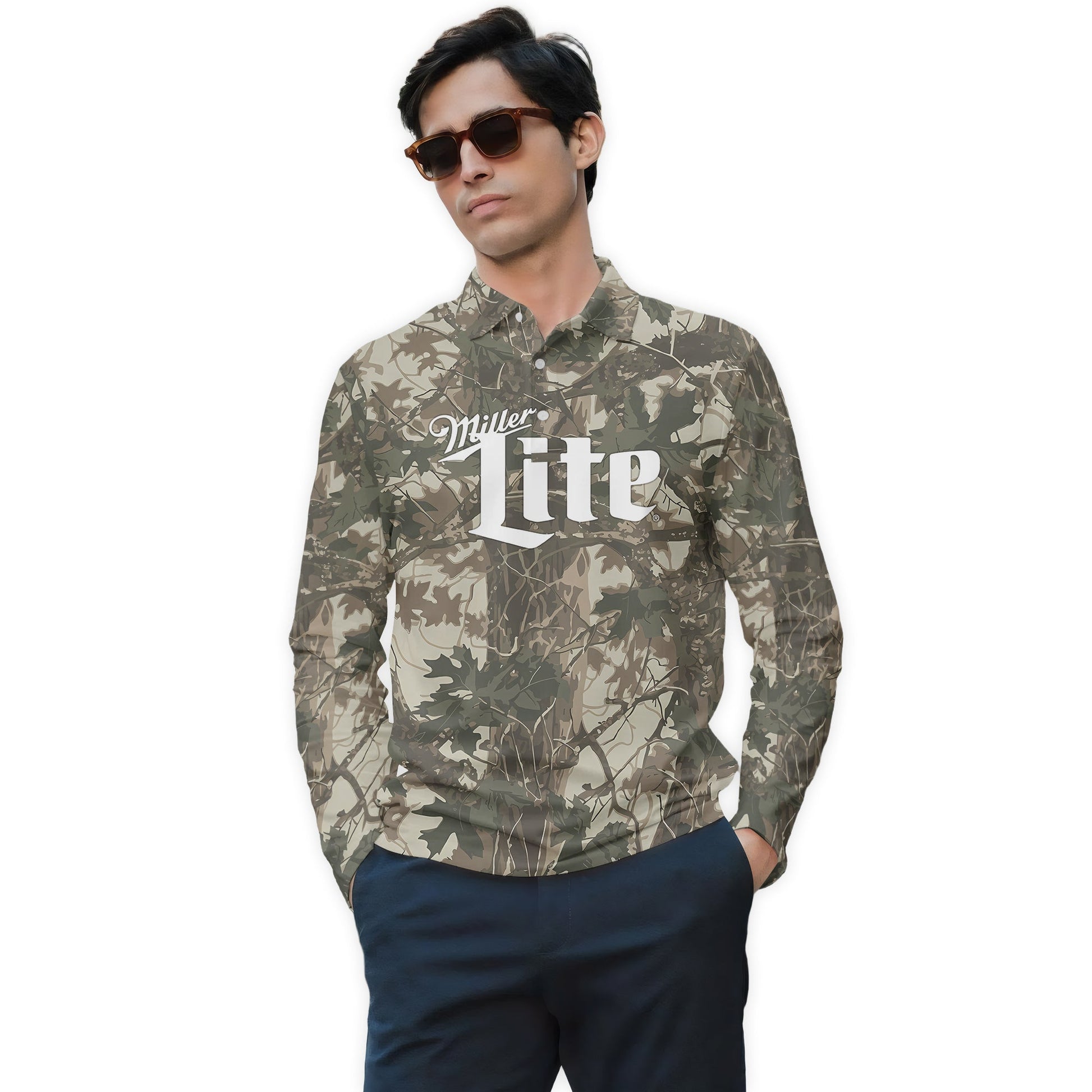  Miller Lite Country Camo Golf Long Sleeve Polo Shirt
