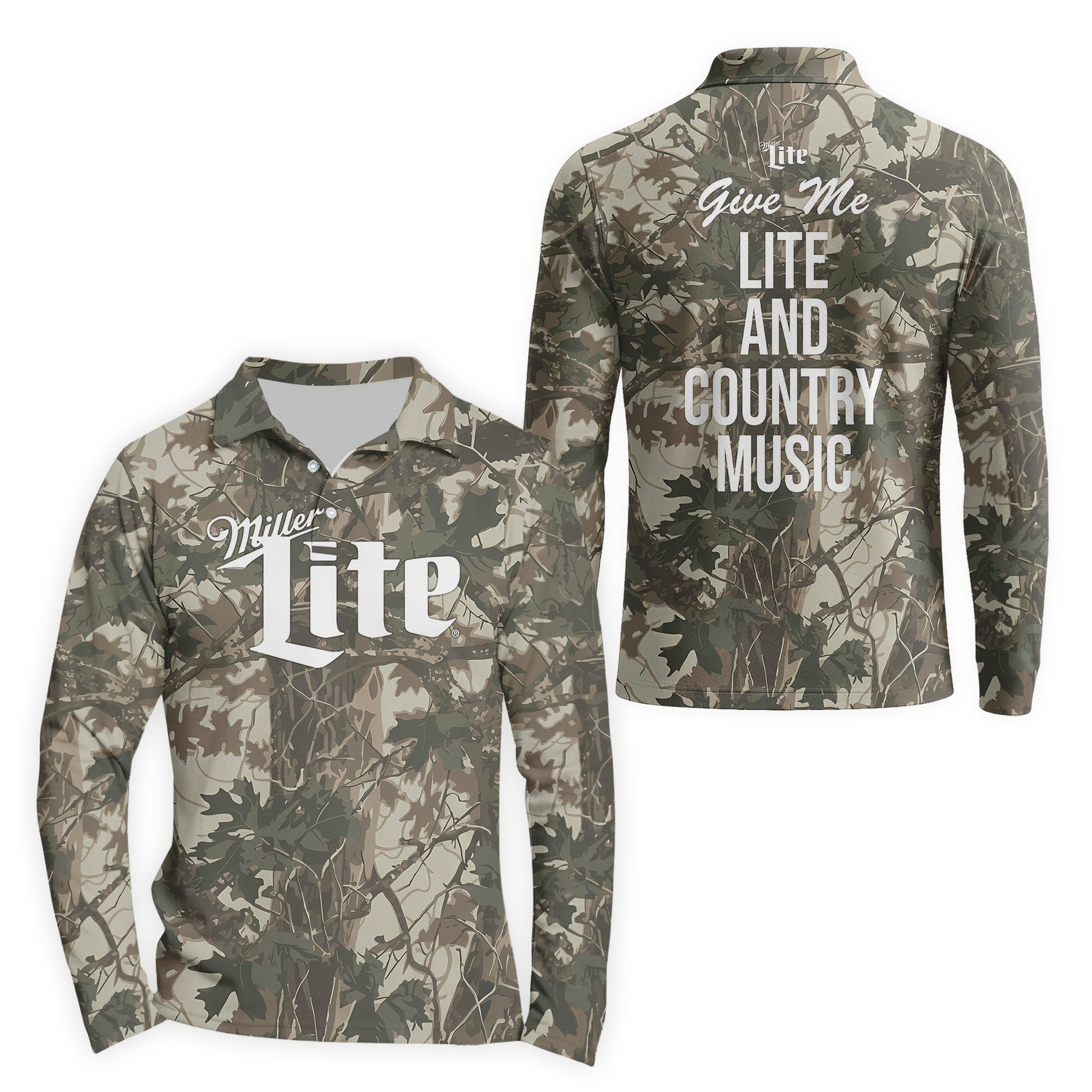  Miller Lite Country Camo Golf Long Sleeve Polo Shirt