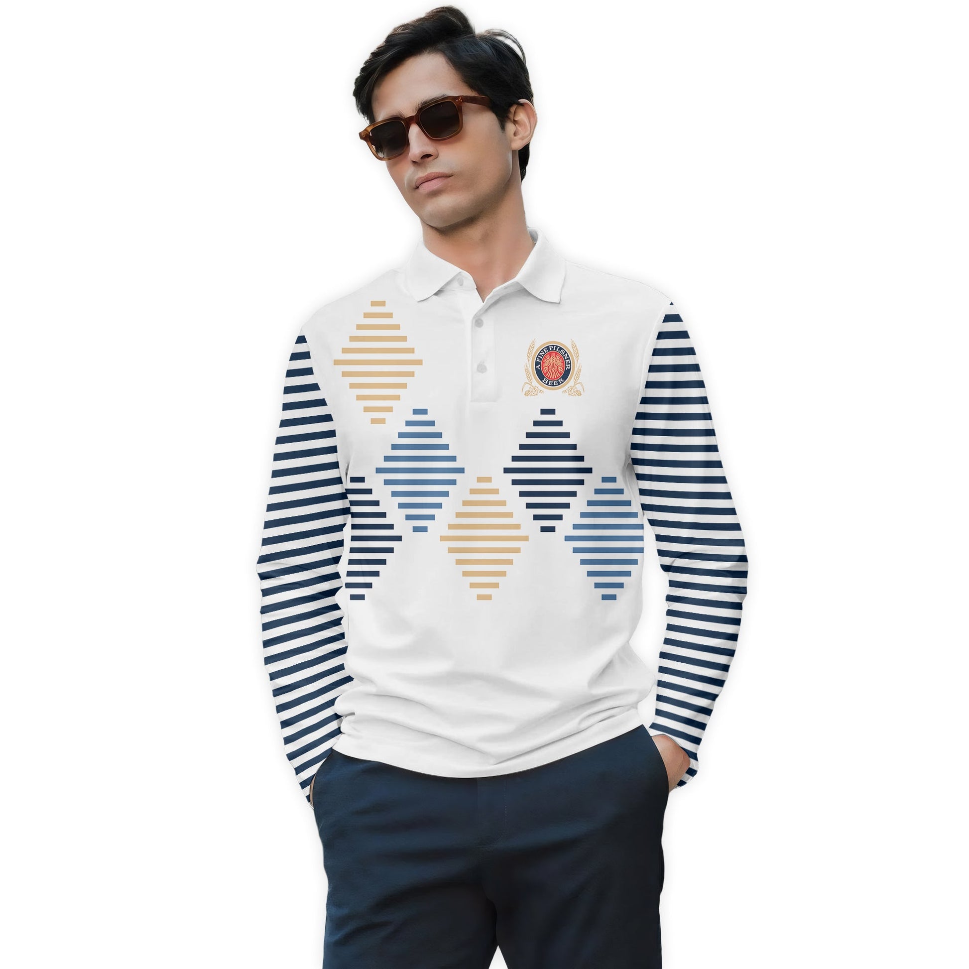  Miller Lite Diamond Stripe Golf Long Sleeve Polo Shirt