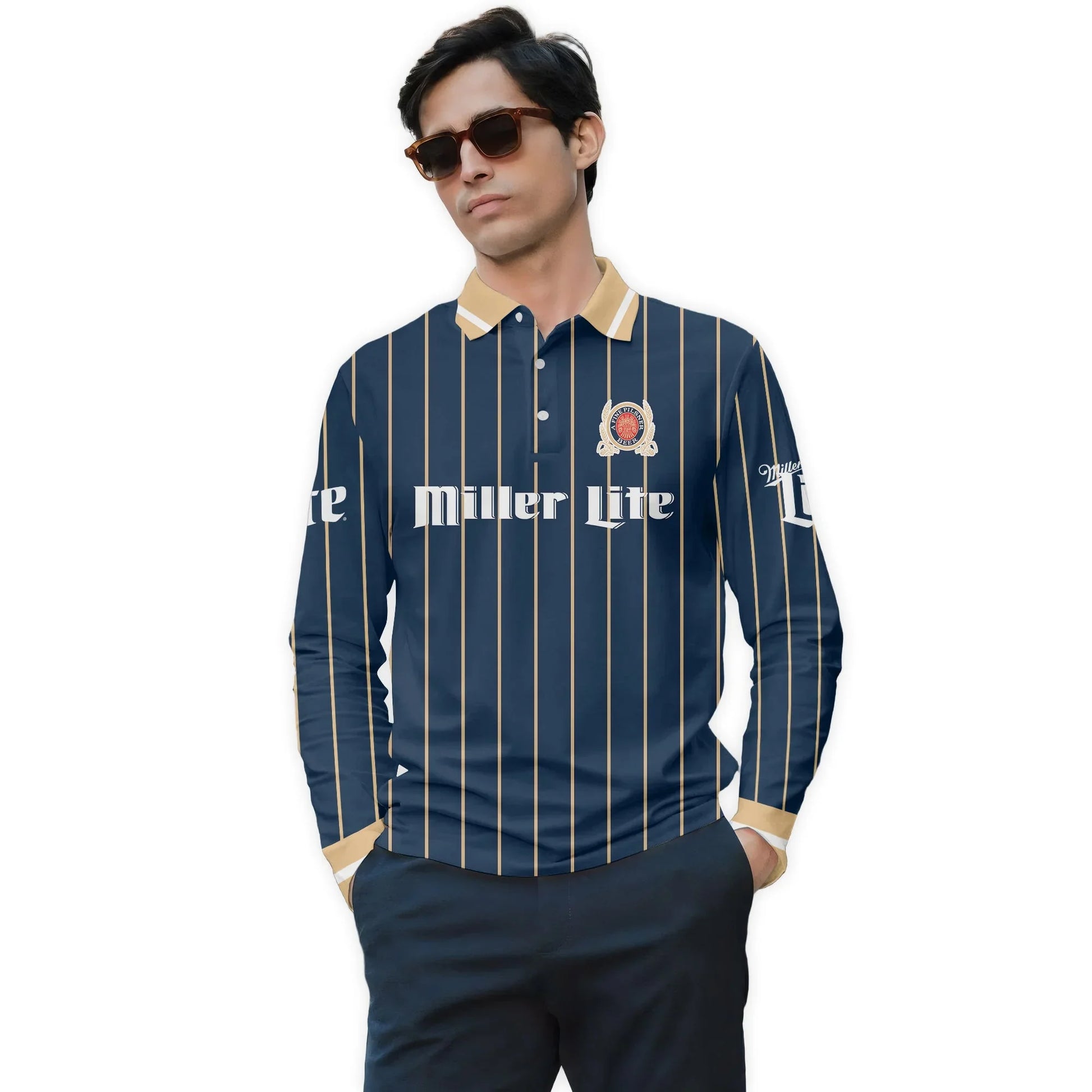  Miller Lite Pinstripe Classic Golf Long Sleeve Polo Shirt
