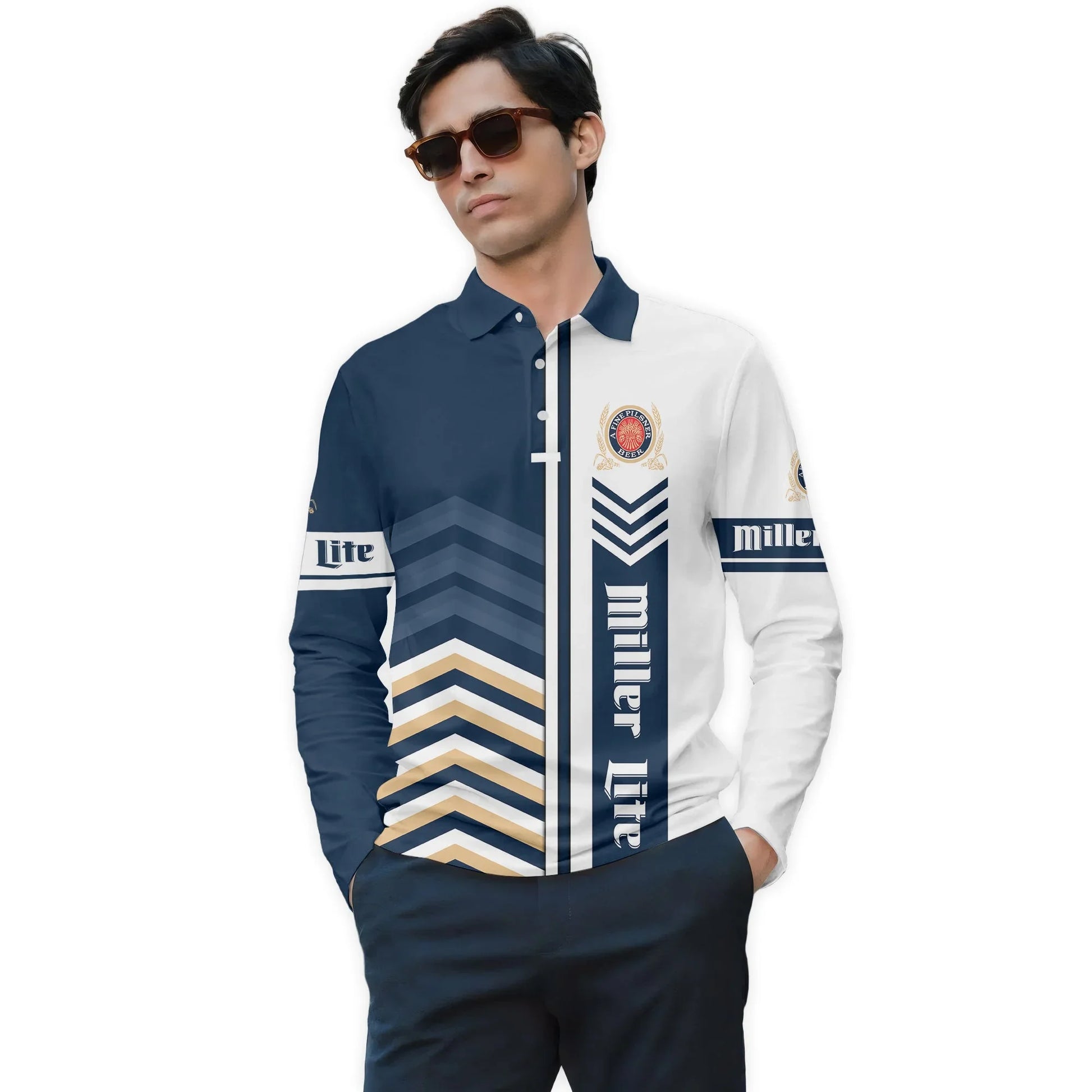  Miller Lite Racing Stripe Golf Long Sleeve Polo Shirt