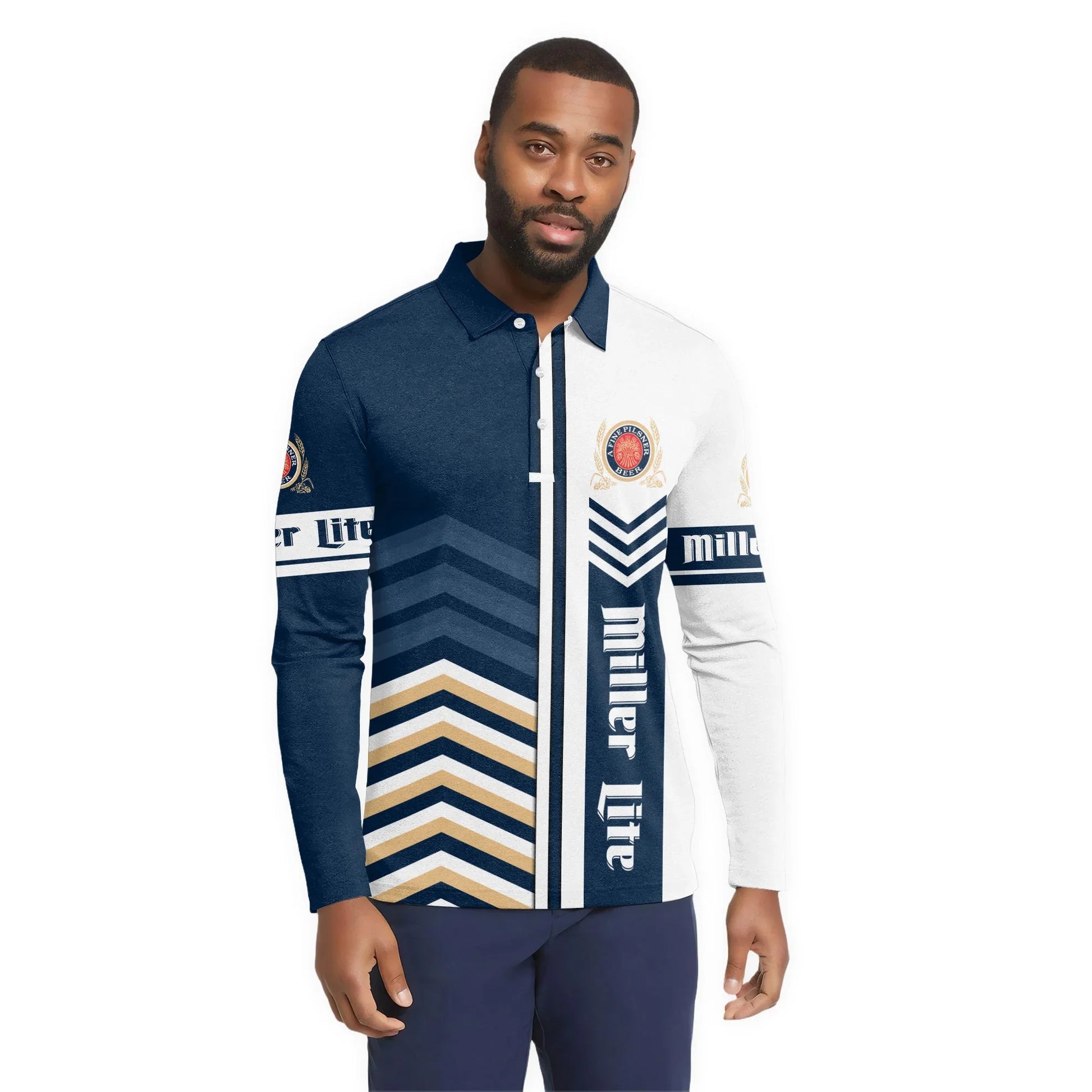  Miller Lite Racing Stripe Golf Long Sleeve Polo Shirt