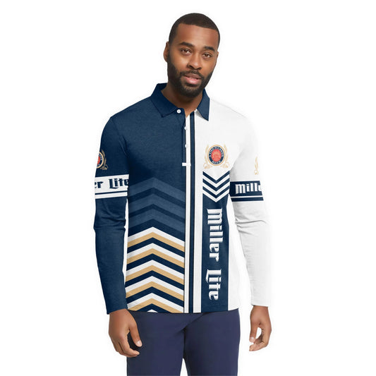  Miller Lite Racing Stripe Golf Long Sleeve Polo Shirt