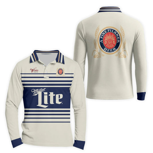  Miller Lite Vintage Stripe Long Sleeve Polo Shirt