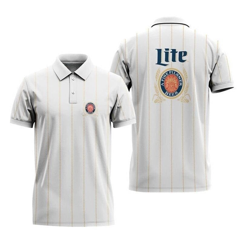 Miller Lite White Stripe Pattern Polo Shirt - VinoVogue.com