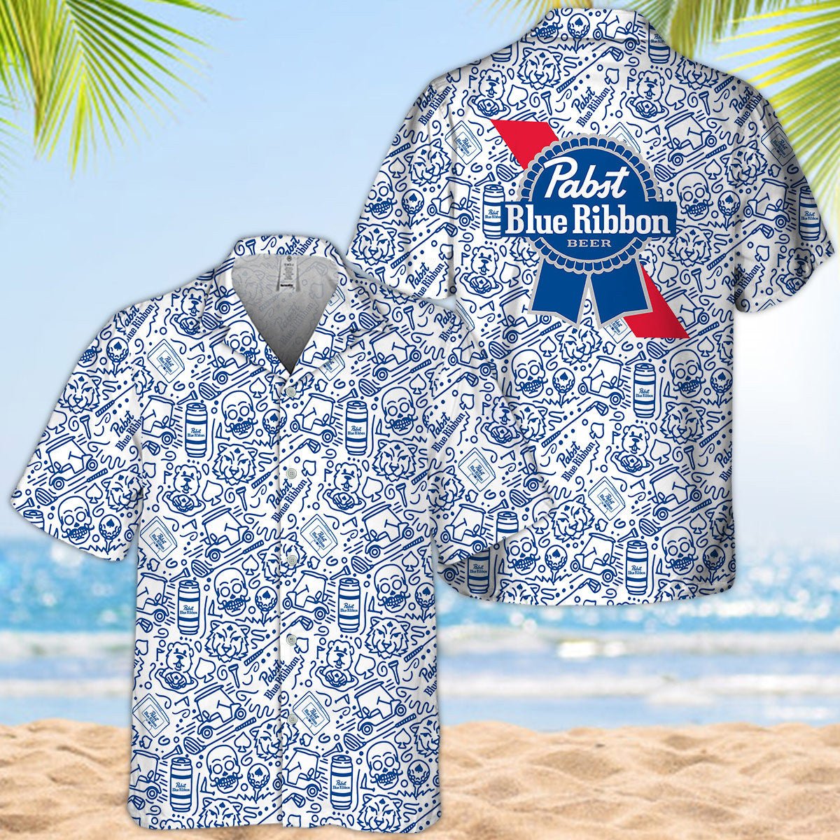 Pabst Blue Ribbon Summer Doodle Art Hawaiian Shirt - VinoVogue.com