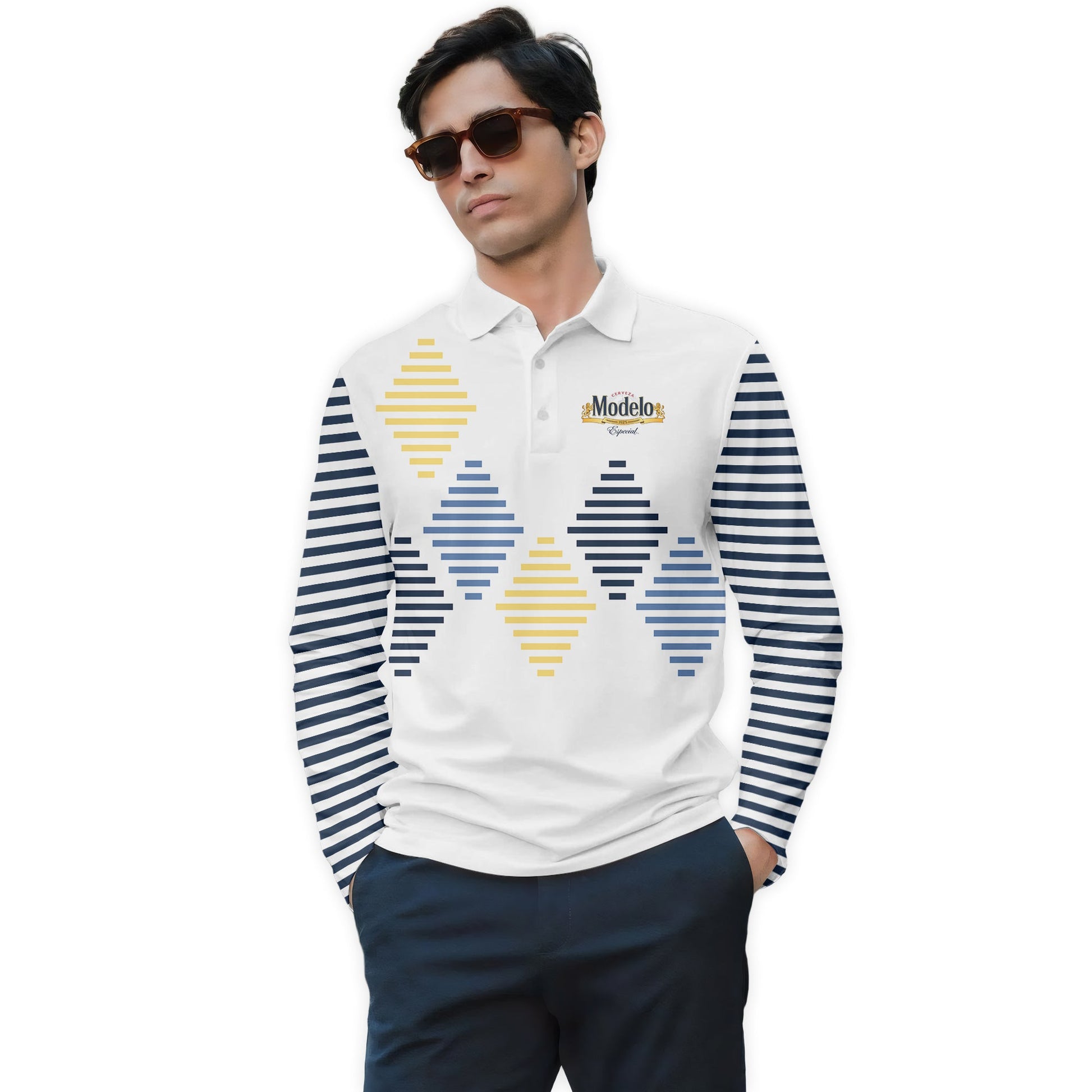  Modelo Diamond Stripe Golf Long Sleeve Polo Shirt