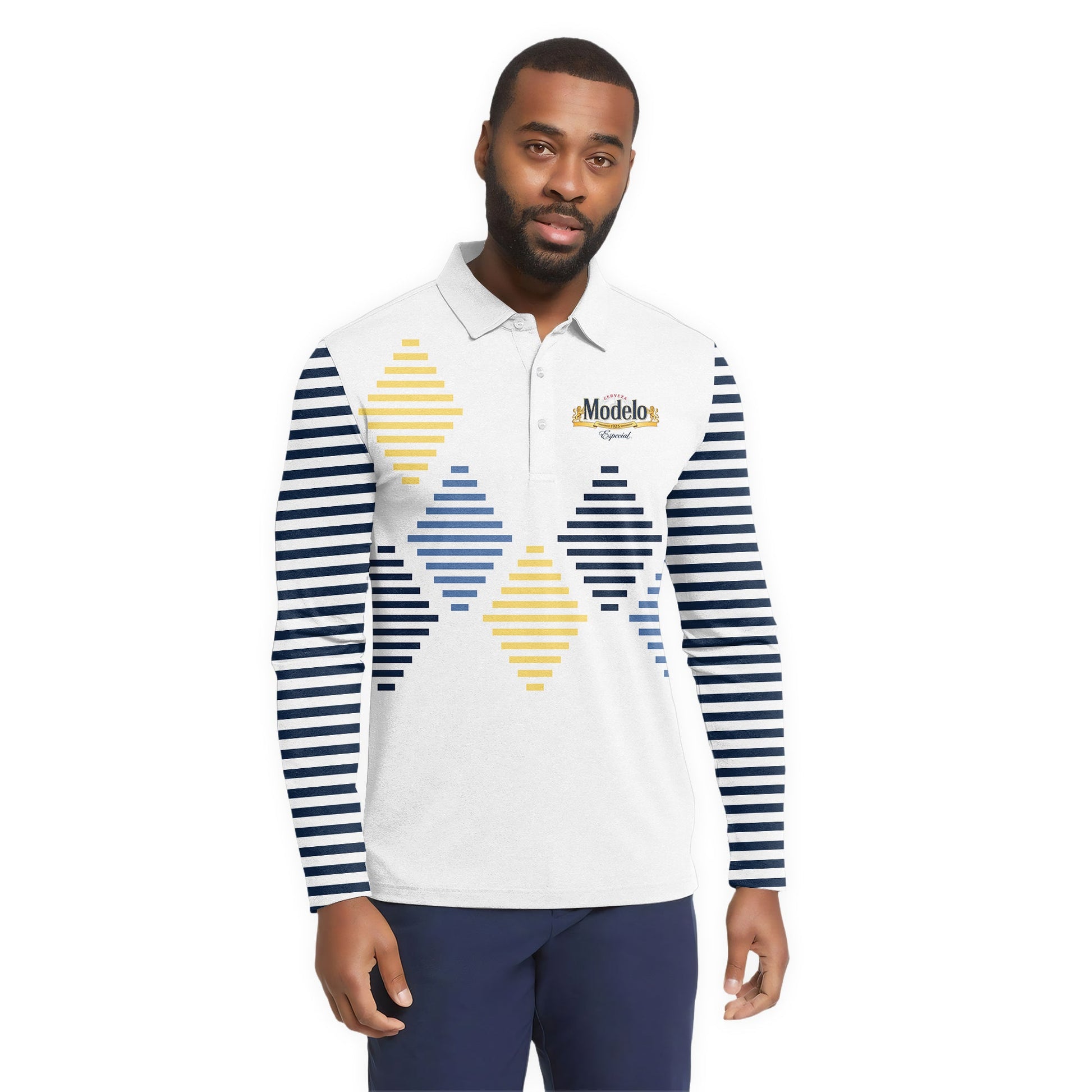  Modelo Diamond Stripe Golf Long Sleeve Polo Shirt