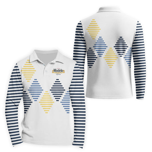  Modelo Diamond Stripe Golf Long Sleeve Polo Shirt
