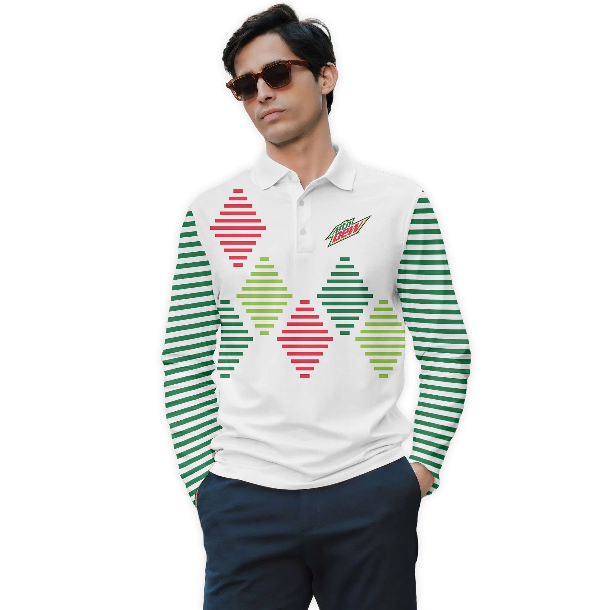  Mountain Dew Diamond Stripe Golf Long Sleeve Polo Shirt