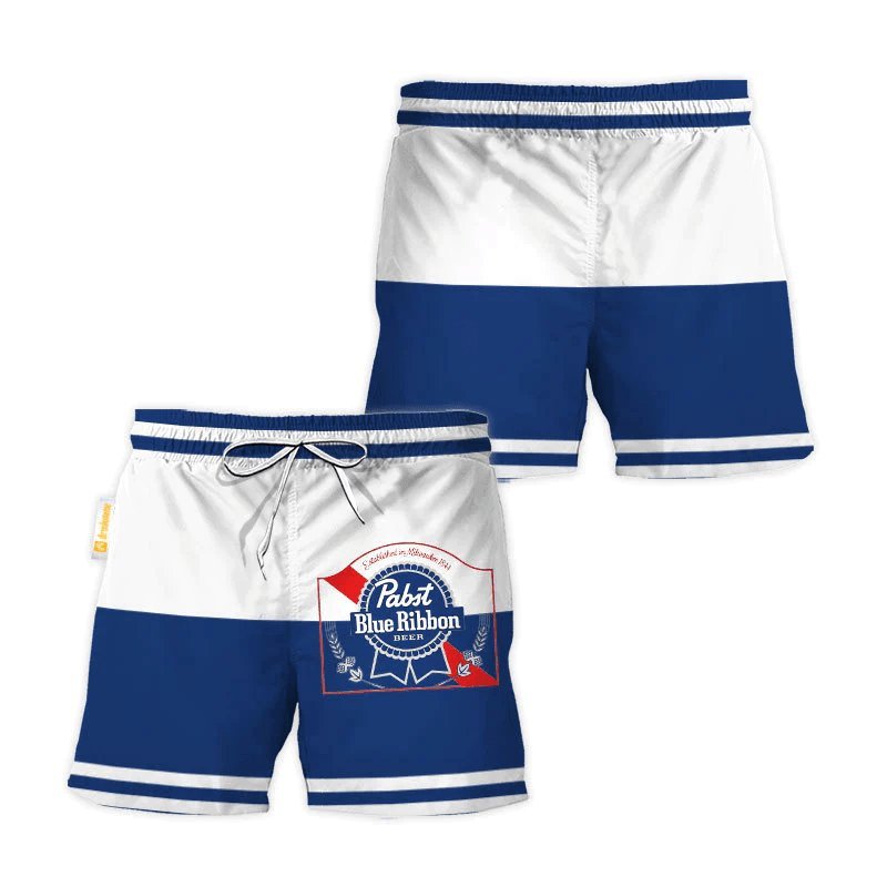 Pabst Blue Ribbon Blue And White Basic Swim Trunks - VinoVogue.com