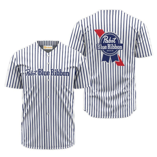 Pabst Blue Ribbon Blue And White Striped Jersey Shirt - VinoVogue.com