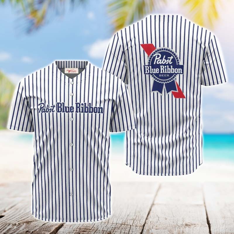 Pabst Blue Ribbon Blue And White Striped Jersey Shirt - VinoVogue.com