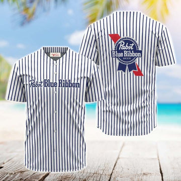 Pabst Blue Ribbon Blue And White Striped Jersey Shirt - VinoVogue.com