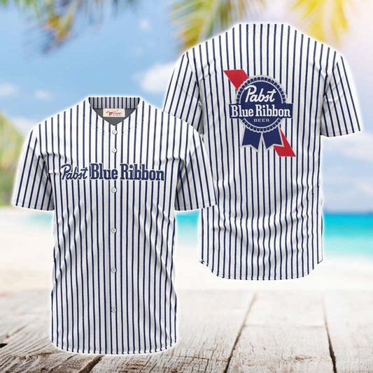 Pabst Blue Ribbon Blue And White Striped Jersey Shirt - VinoVogue.com