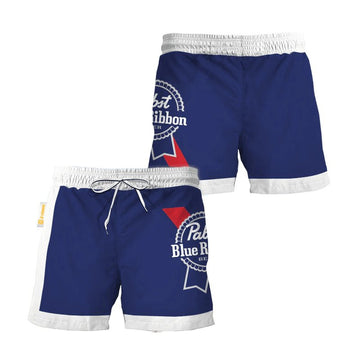 Pabst Blue Ribbon Blue White Basic Swim Trunks - VinoVogue.com