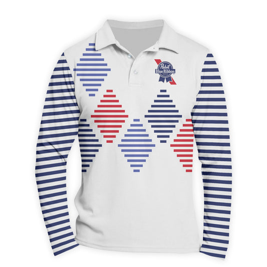  Pabst Blue Ribbon Diamond Stripe Golf Long Sleeve Polo Shirt