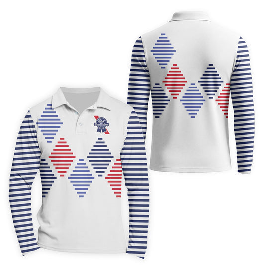  Pabst Blue Ribbon Diamond Stripe Golf Long Sleeve Polo Shirt