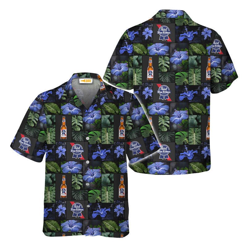 Pabst Blue Ribbon Tropical Hibiscus Flower Hawaiian Shirt - VinoVogue.com