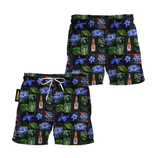 Pabst Blue Ribbon Tropical Hibiscus Flower Swim Trunks - VinoVogue.com