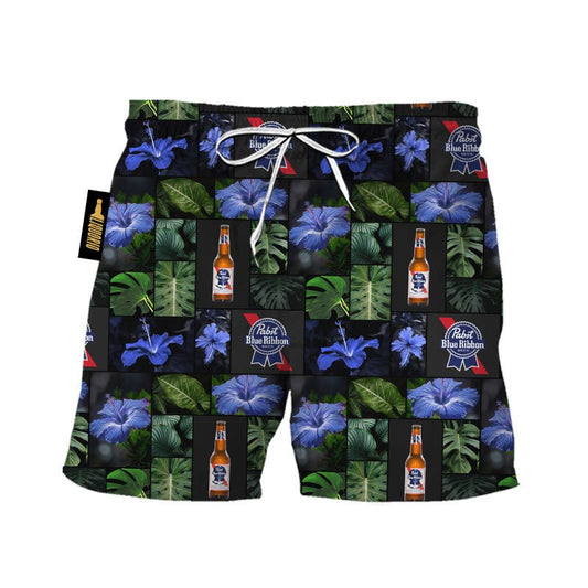 Pabst Blue Ribbon Tropical Hibiscus Flower Swim Trunks - VinoVogue.com