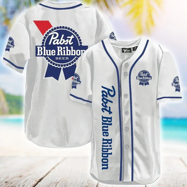 Pabst Blue Ribbon White Baseball Jersey | PBR Jersey Shirt