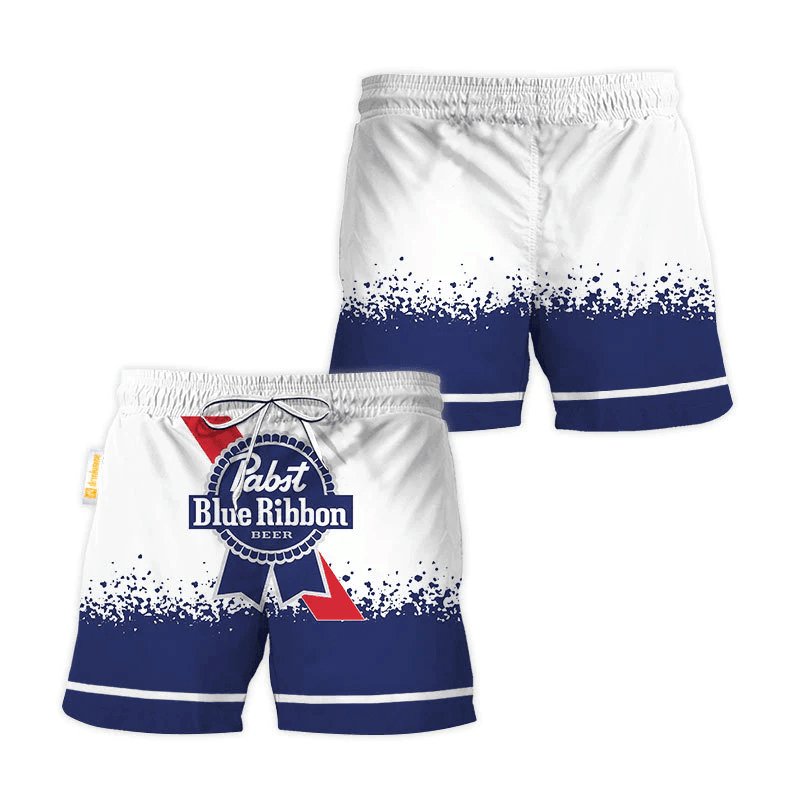 Pabst Blue Ribbon White Blue Basic Swim Trunks - VinoVogue.com