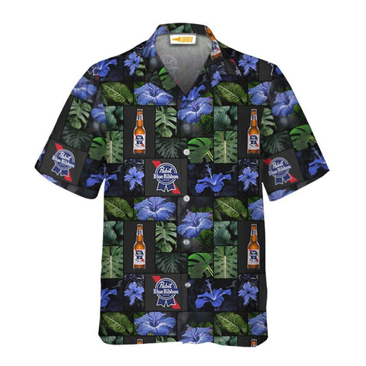 Pabst Blue Ribbon Tropical Hibiscus Flower Hawaiian Shirt - VinoVogue.com