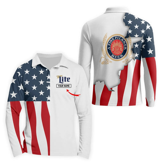 Personalized Miller Lite American Flag Long Sleeve Polo Shirt