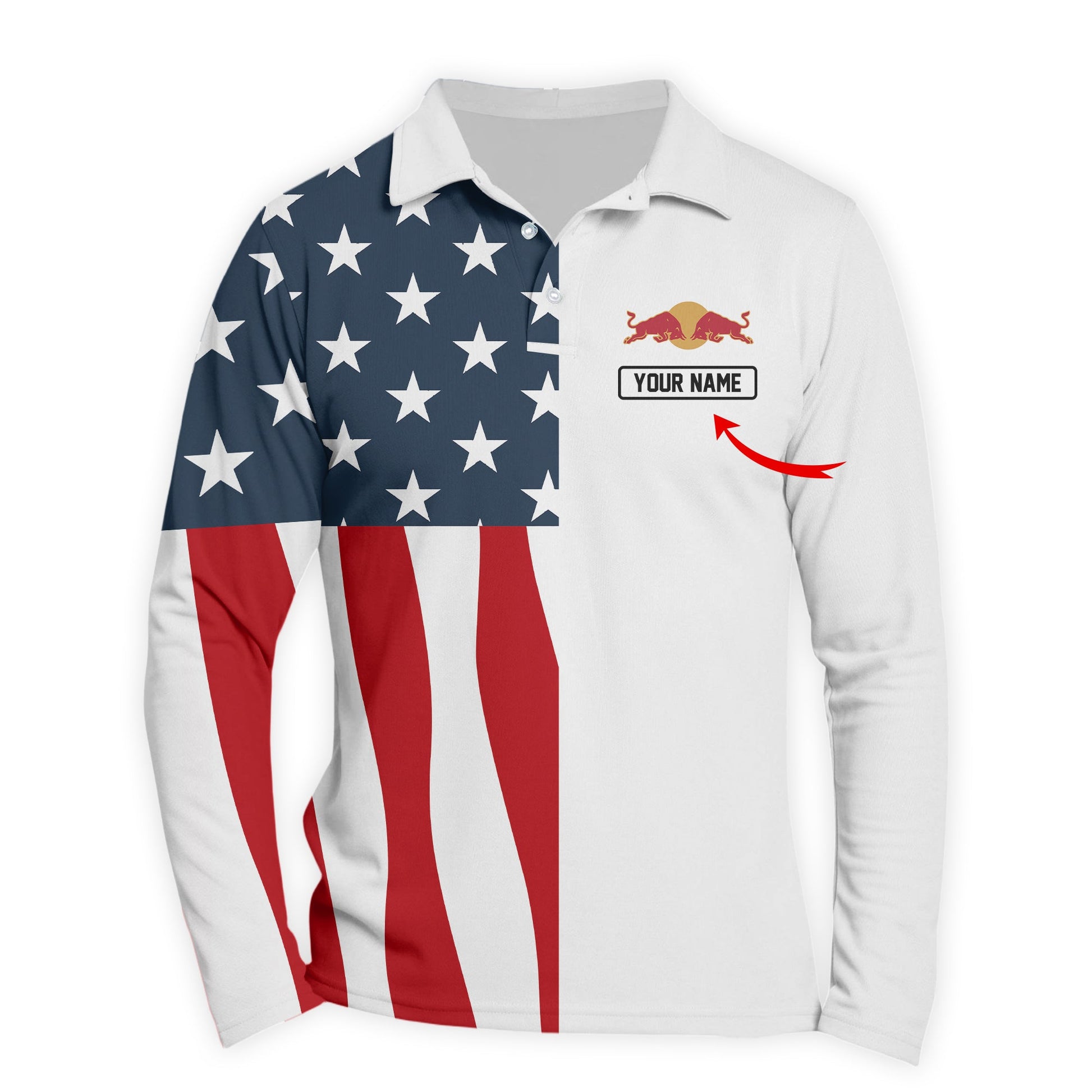 Personalized Red Bull American Flag Long Sleeve Polo Shirt