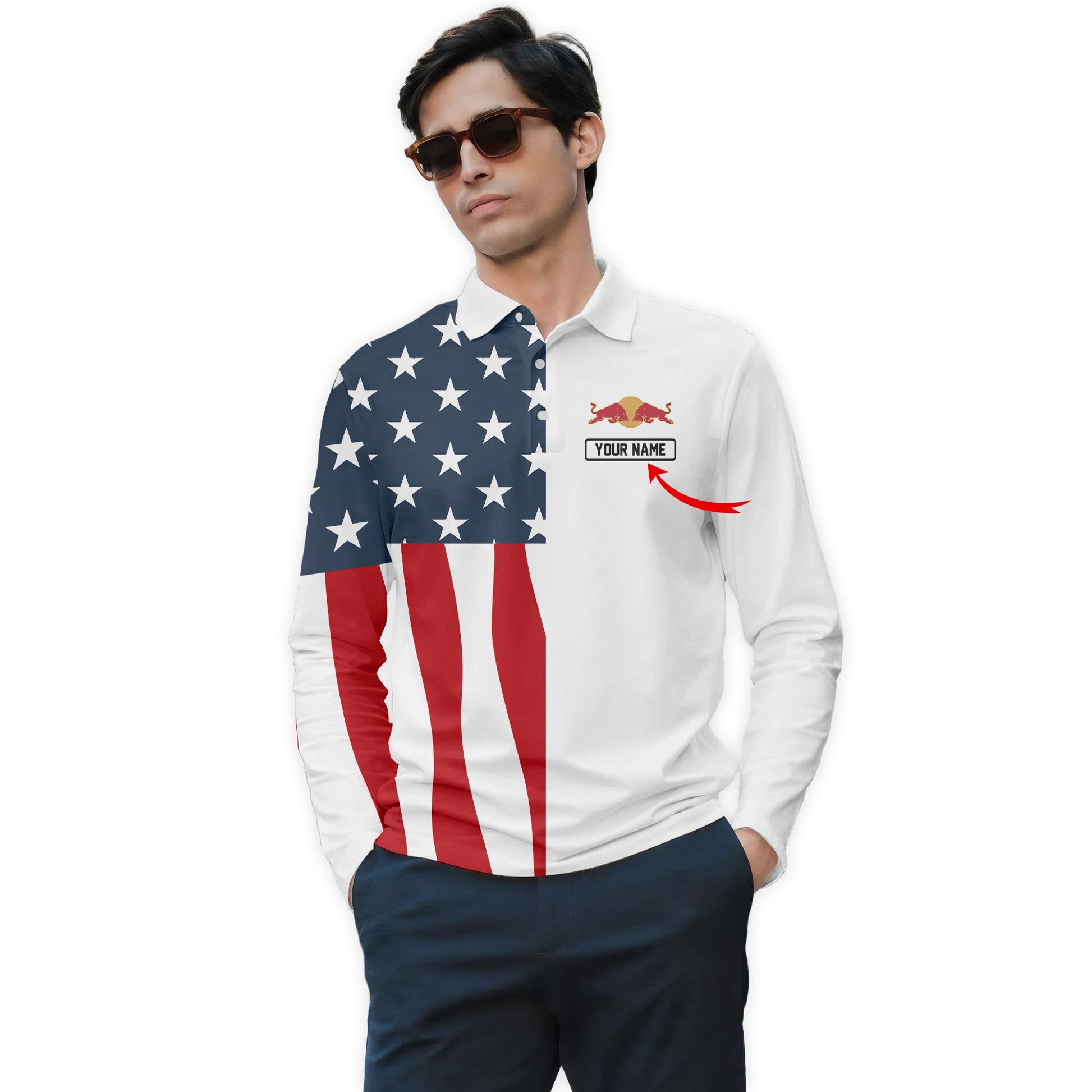 Personalized Red Bull American Flag Long Sleeve Polo Shirt