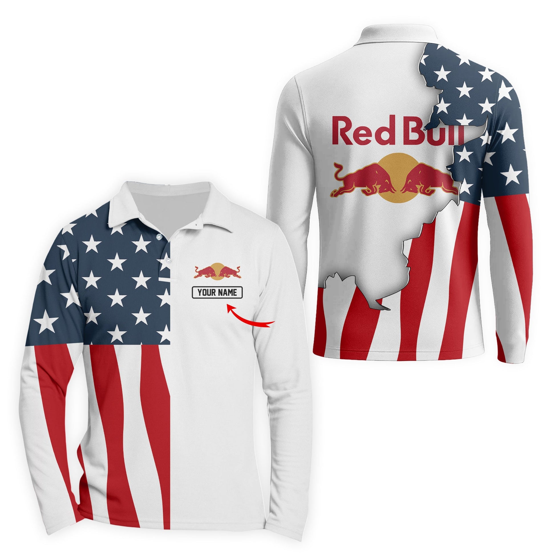 Personalized Red Bull American Flag Long Sleeve Polo Shirt