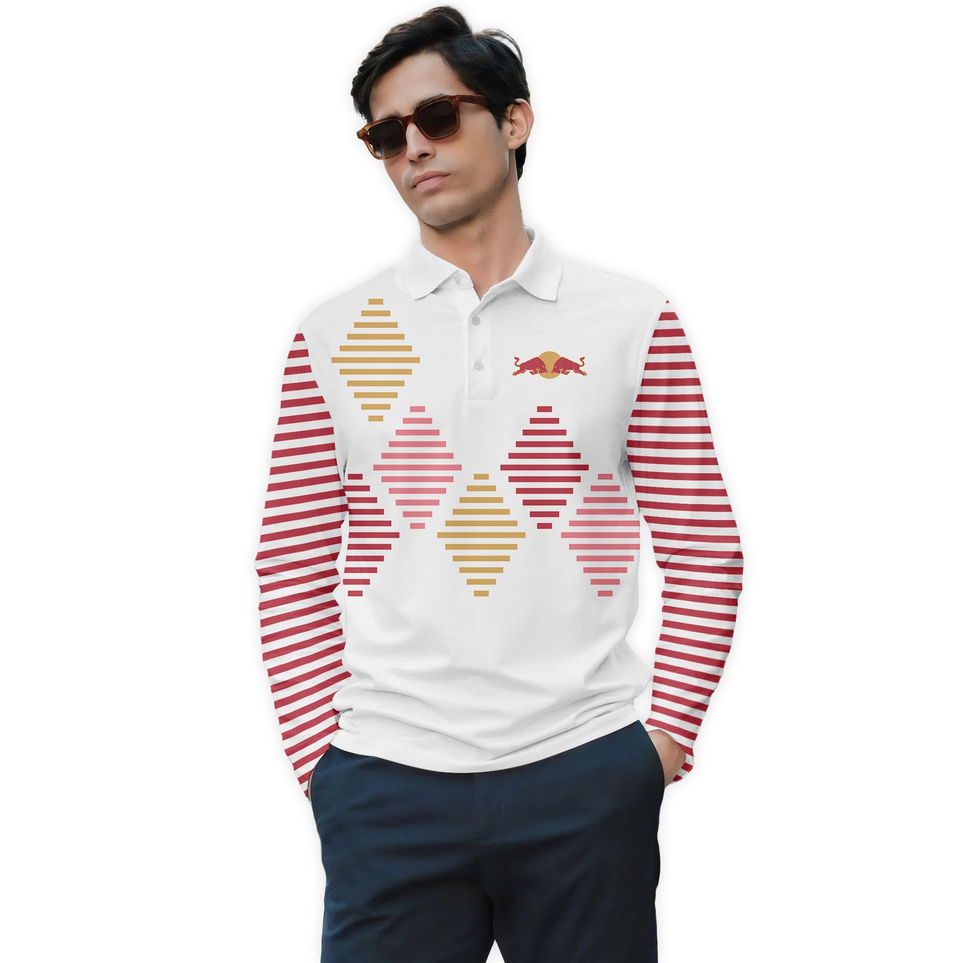  Red Bull Diamond Stripe Golf Long Sleeve Polo Shirt