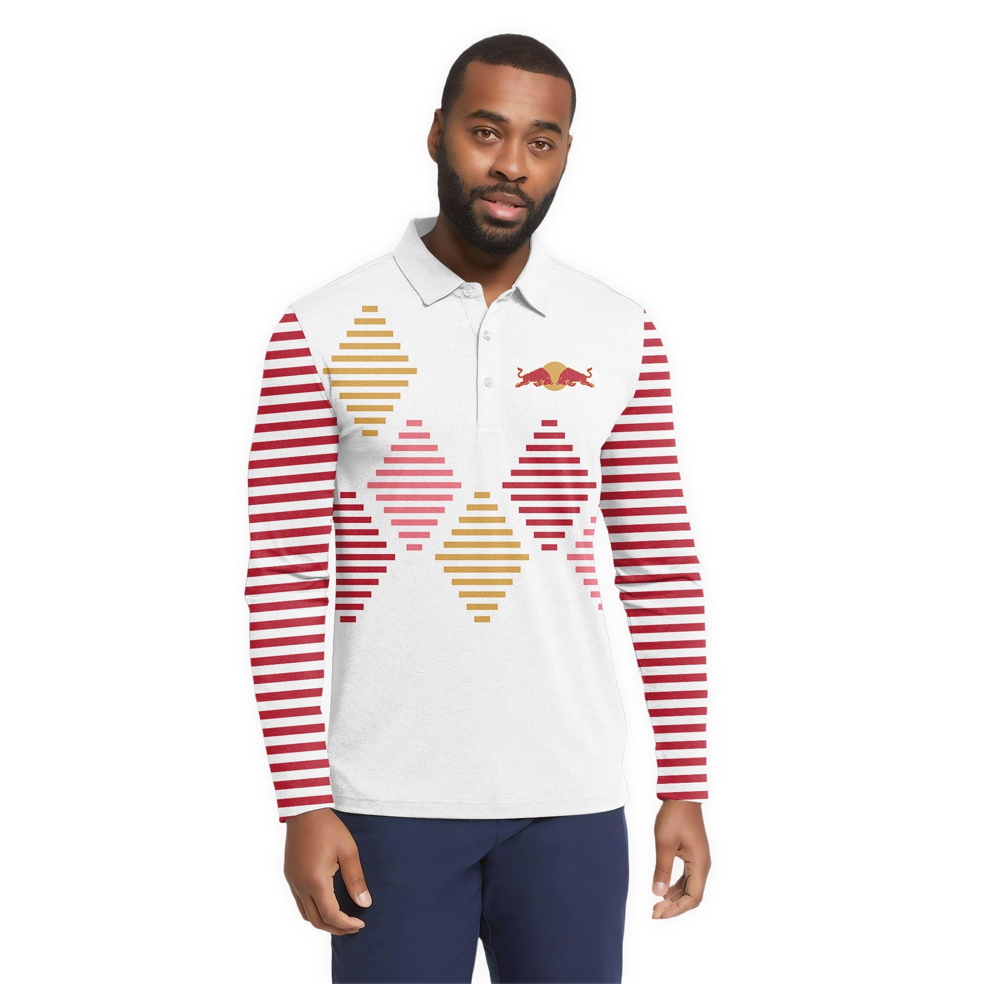 Red Bull Diamond Stripe Golf Long Sleeve Polo Shirt