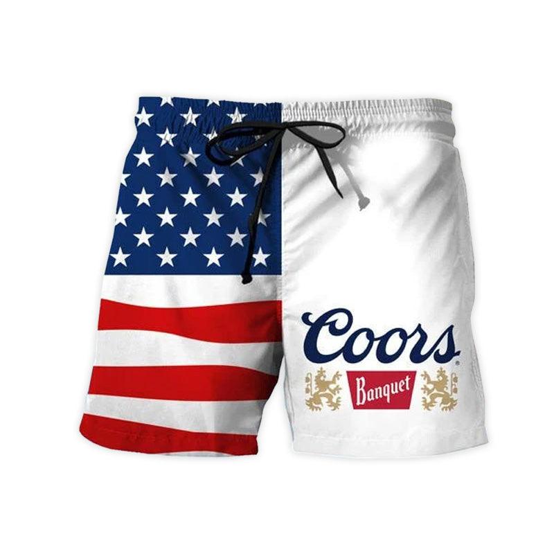 VinoVogue Vintage USA Flag Fourth Of July Coors Banquet Swim Trunks