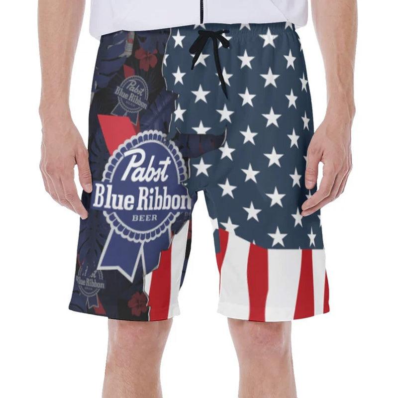 USA Tropical Flag Pabst Blue Ribbon Hawaiian Shorts PBR Swim Trunks