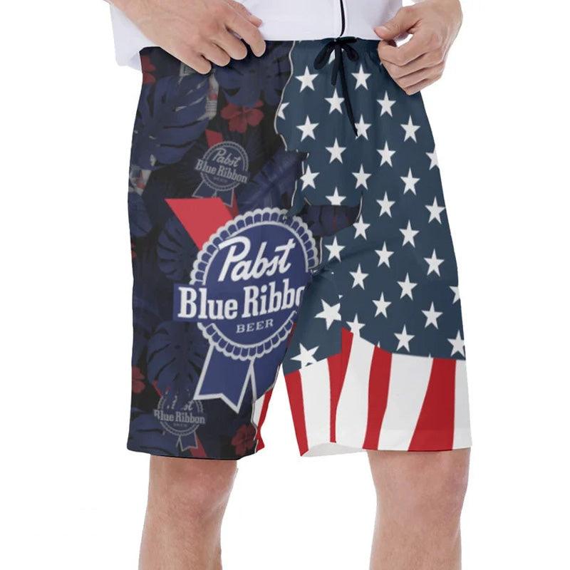 USA Tropical Flag Pabst Blue Ribbon Hawaiian Shorts PBR Swim Trunks