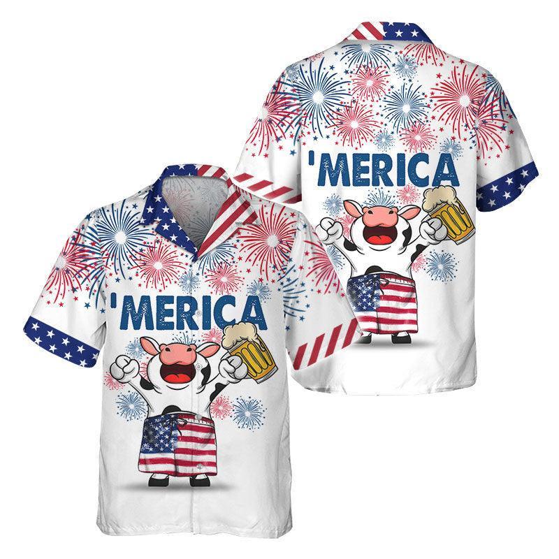 Cow Beer American Flag Hawaiian Shirt