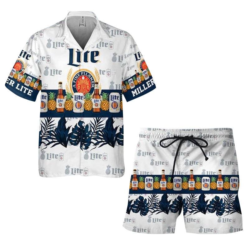 Tropical Pineapple Miller Lite Hawaiian Shirt And Shorts Set