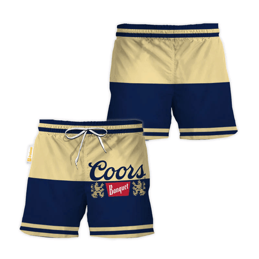 Coors Banquet Beige And Blue Basic Swim Trunks